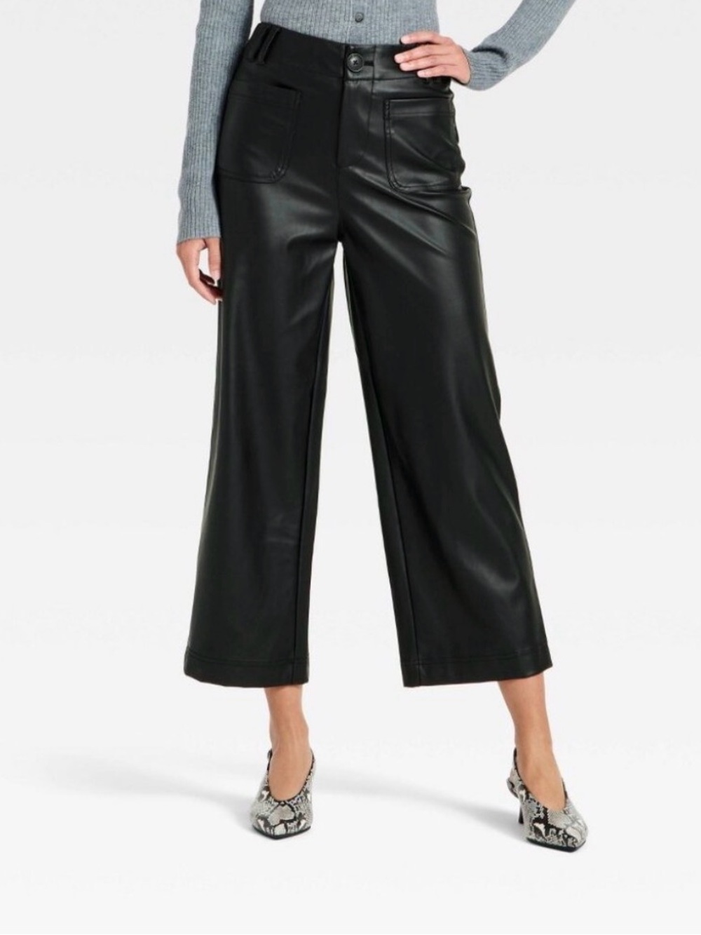 A new Day Womens Faux Leather Wide-Leg Crop Pants Black 14 NWT